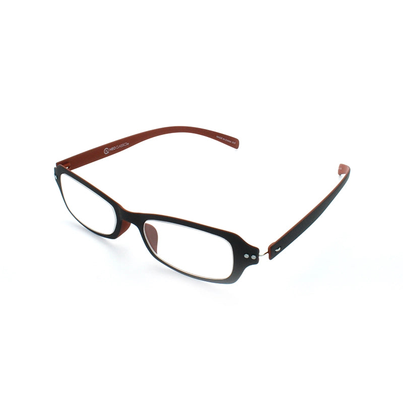 左斜め上から見たアイウェアNEO CLASSICS リーディンググラス GLR-01のカラーMat Brown / Mat Orange
