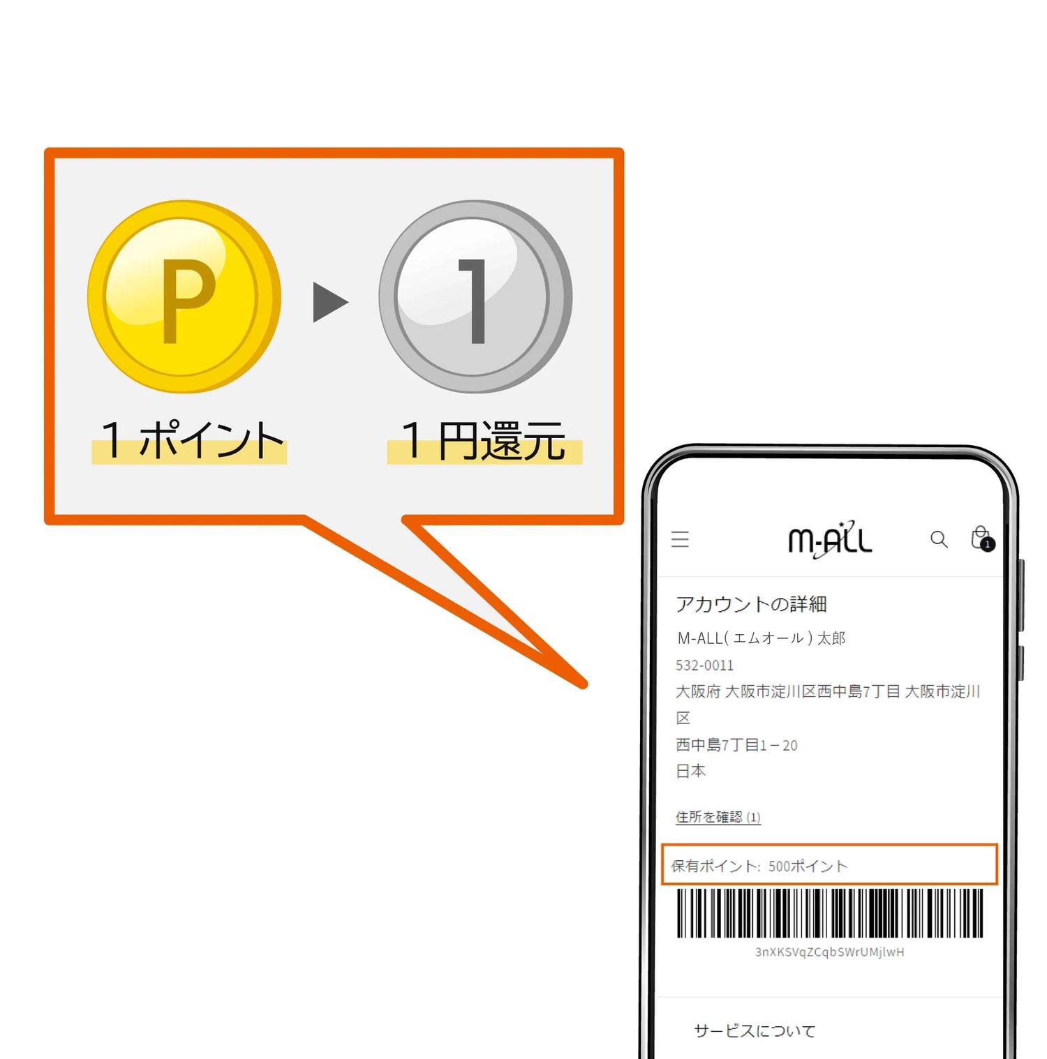 アカウント画面のバーコード下に、保有ポイントが表示されます。1ポイントにつき1円として使用できます。